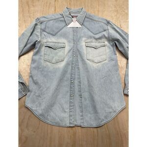 Vintage Et Vous‎ 80’s Western Pearl Snap Women’s Medium Shirt Denim Faded Elbows